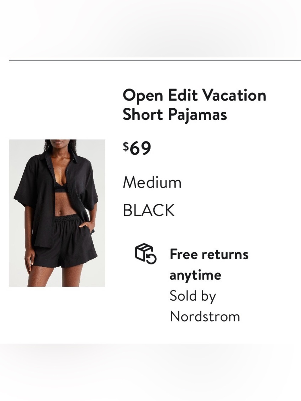 Open Edit Black Vacation Short Pajama Set - Size Medium